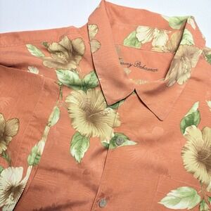 TOMMY BAHAMA XL 100% Silk‎ Hawaiian Floral Jacquard Coral Pocket Shirt